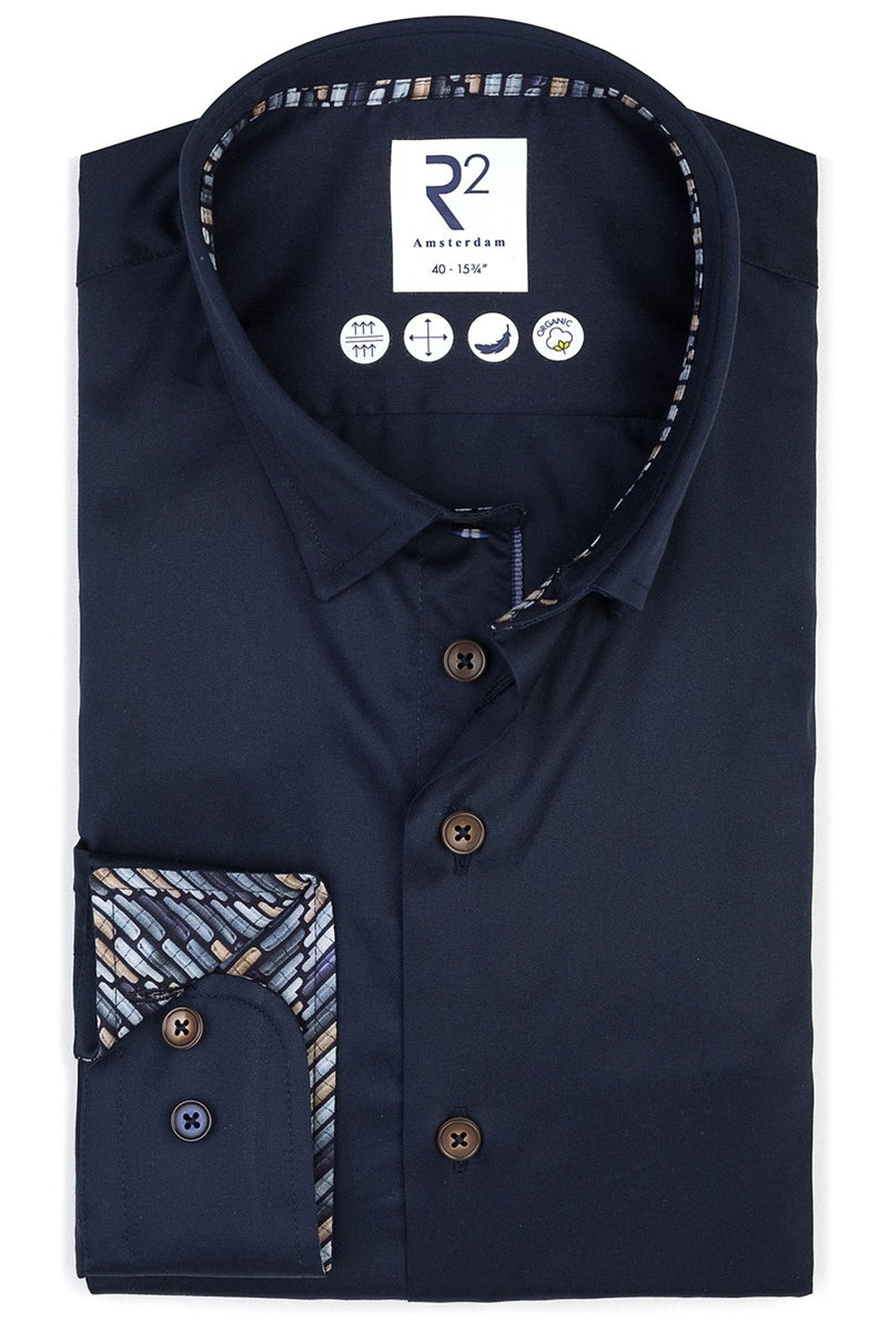 Direct From Brand,R2 Amsterdam, R2 Amsterdam Navy 2 Ply Organic Cotton Shirt, Blue, Large-46-Tag42Small-42-Tag40Extra Large-48-Tag43Medium-44-Tag41Extra Large-50-Tag44