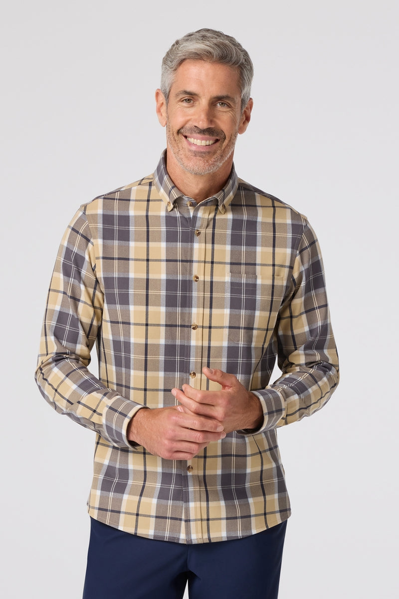 Wholesale,Mizzen + Main, Mizzen + Main Beige/Khaki Plaid Trim Flannel Shirt, Tan, Large-46-TagLExtra Extra Large-52-TagXXLSmall-42-TagSMedium-44-TagMExtra Large-52-TagXLExtra Large-48-TagXL