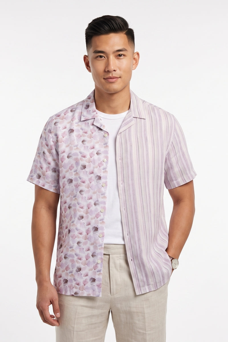 Brand Partner,Stitch Note, Stitch Note Violet Half Watercolor Print Half Vertical Stripe European Linen Split Body Shirt, Purple, Small-40-TagSMedium-42-TagMMedium-44-TagLLarge-46-TagXLExtra Large-48-TagXXL