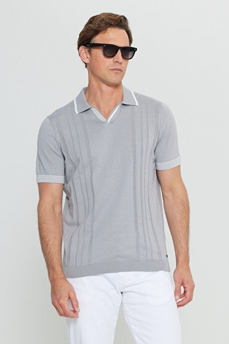 Altinyildiz Classics Grey with White Contrast Knit Textured Polo