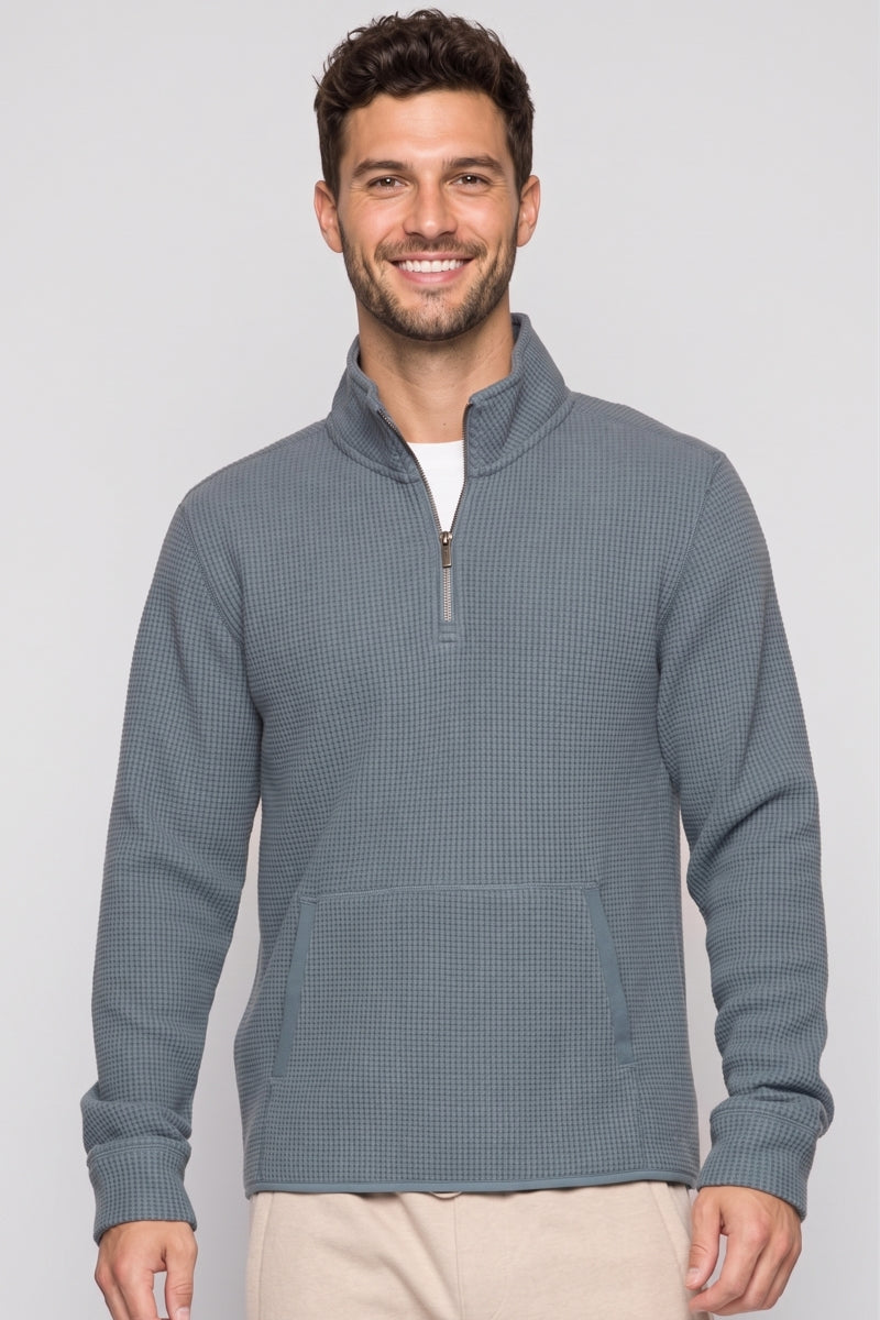 Wholesale,Fundamental Coast, Fundamental Coast Dusty Blue Waffle Textured Qtr Zip, Blue, Large-46-TagLExtra Large-48-TagXL
