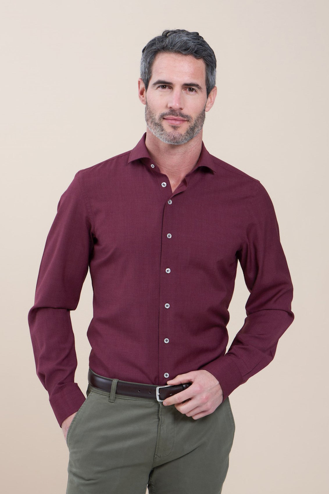Direct From Brand,R2 Amsterdam, R2 Amsterdam Dark Red 100% Merino Wool Long Sleeve Button Up Shirt, Red, Large-46-Tag42