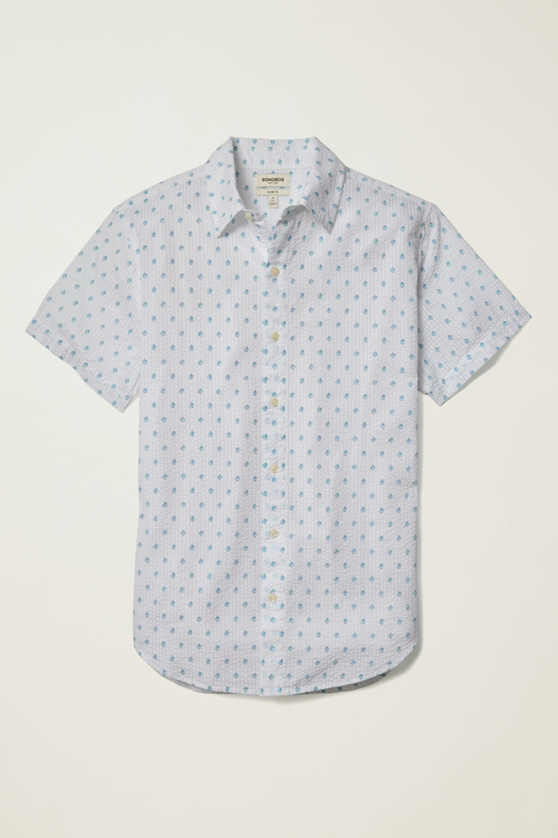Wholesale,Bonobos, Bonobos White with Blue Lundi Leaves Print Seersucker Shirt, White, Small-40-TagSMedium-42-TagMLarge-44-TagLExtra Large-48-TagXL