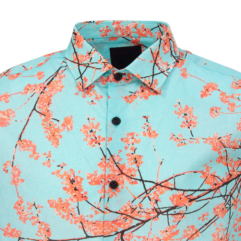 Lords of Harlech Aqua Blossom/Mountain Print Mechanical Stretch Button Up Shirt