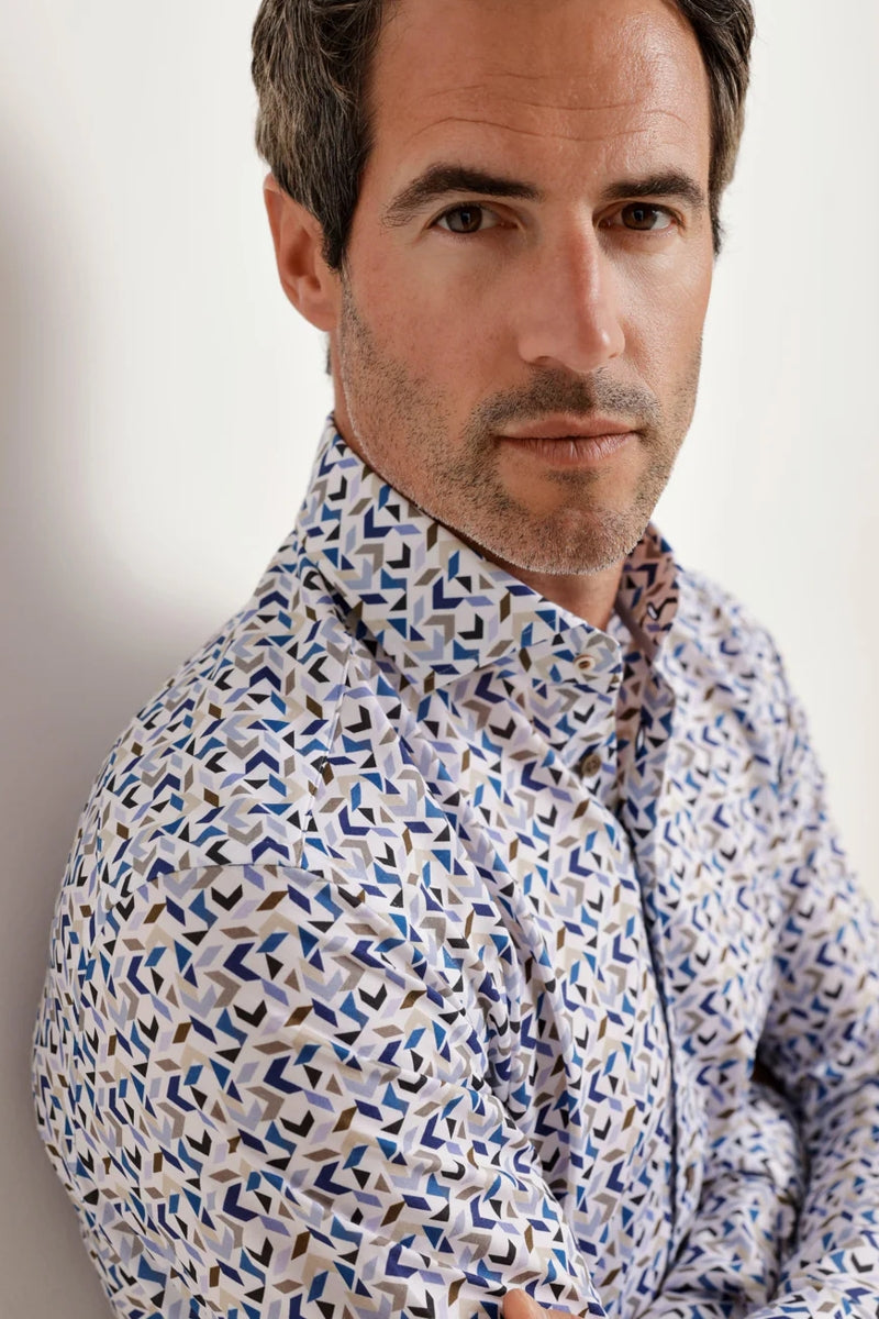 Direct From Brand,R2 Amsterdam, R2 Amsterdam Blue/White Multi Geo Pattern Shirt, Blue, Small-40-Tag38Medium-42-Tag40Large-44-Tag41Extra Large-48-Tag43Extra Extra Large-50-Tag44Extra Extra Large-52-Tag45