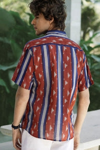 Faire,Pali, Pali Rust/Blue Striped Cuban Collar Handwoven Ikat Shirt, Red, Large-44-TagL