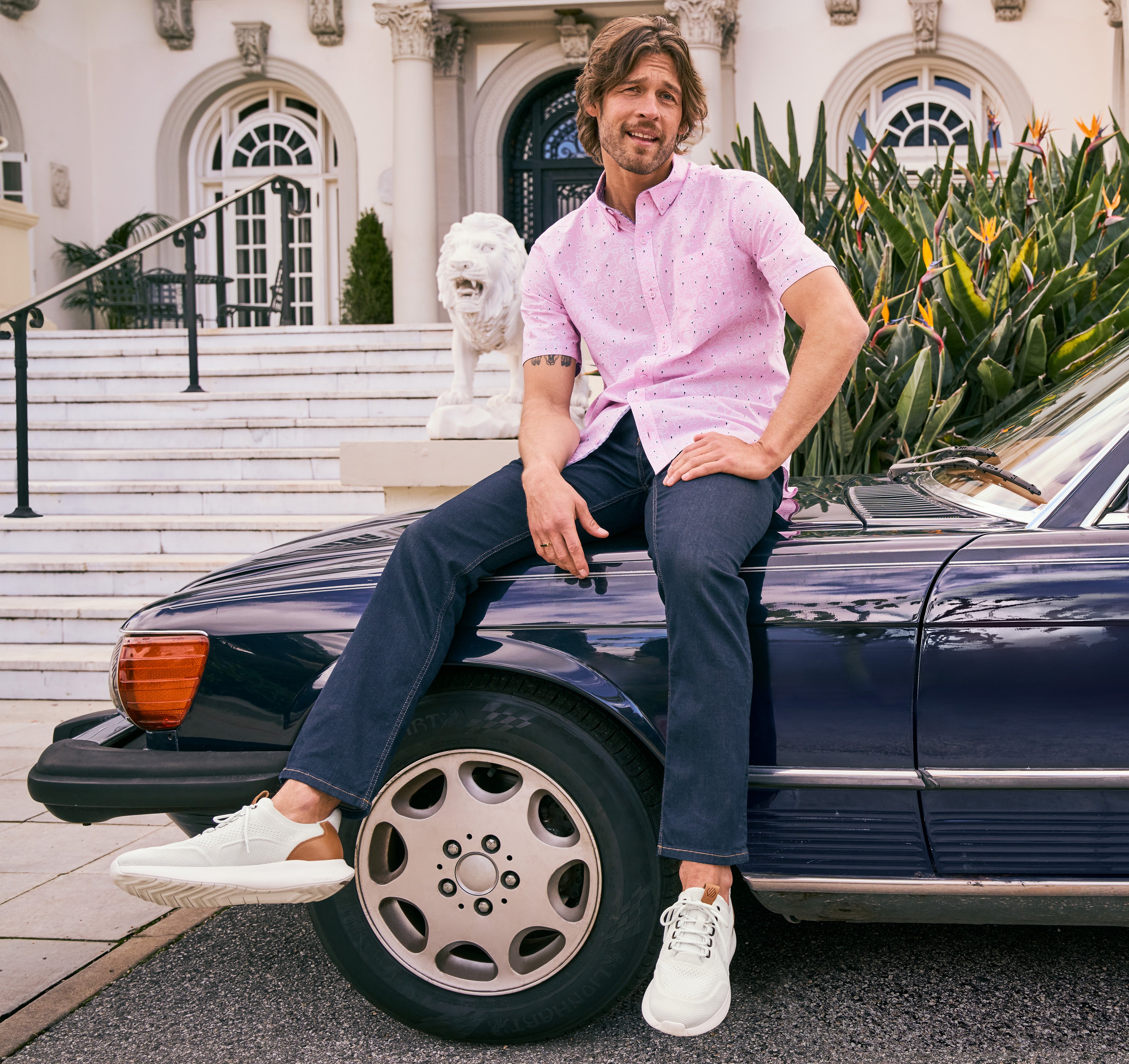 Wholesale,Johnston & Murphy, Johnston & Murphy Pink Flamingo Print Cotton Short Sleeve Shirt with Contrast Print Facings, Pink, Small-42-TagS