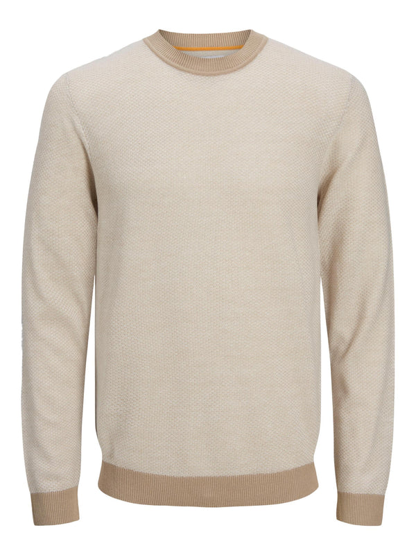 Jack & Jones Beige Lightweight Knit Crewneck Sweater With Contrast Sleeve And Collar