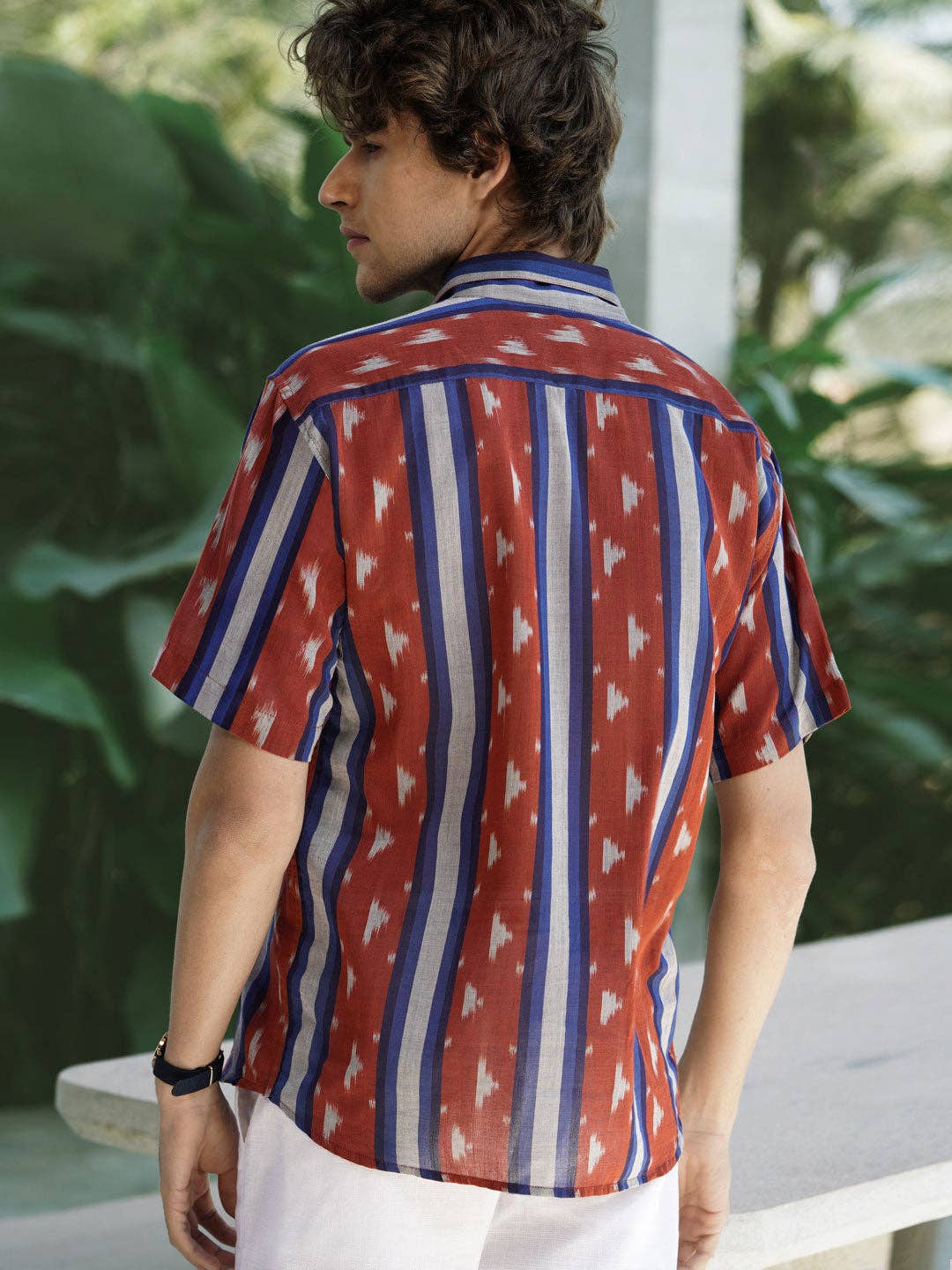 Faire,Pali, Pali Rust/Blue Striped Cuban Collar Handwoven Ikat Shirt, Red, Small-40-TagS
