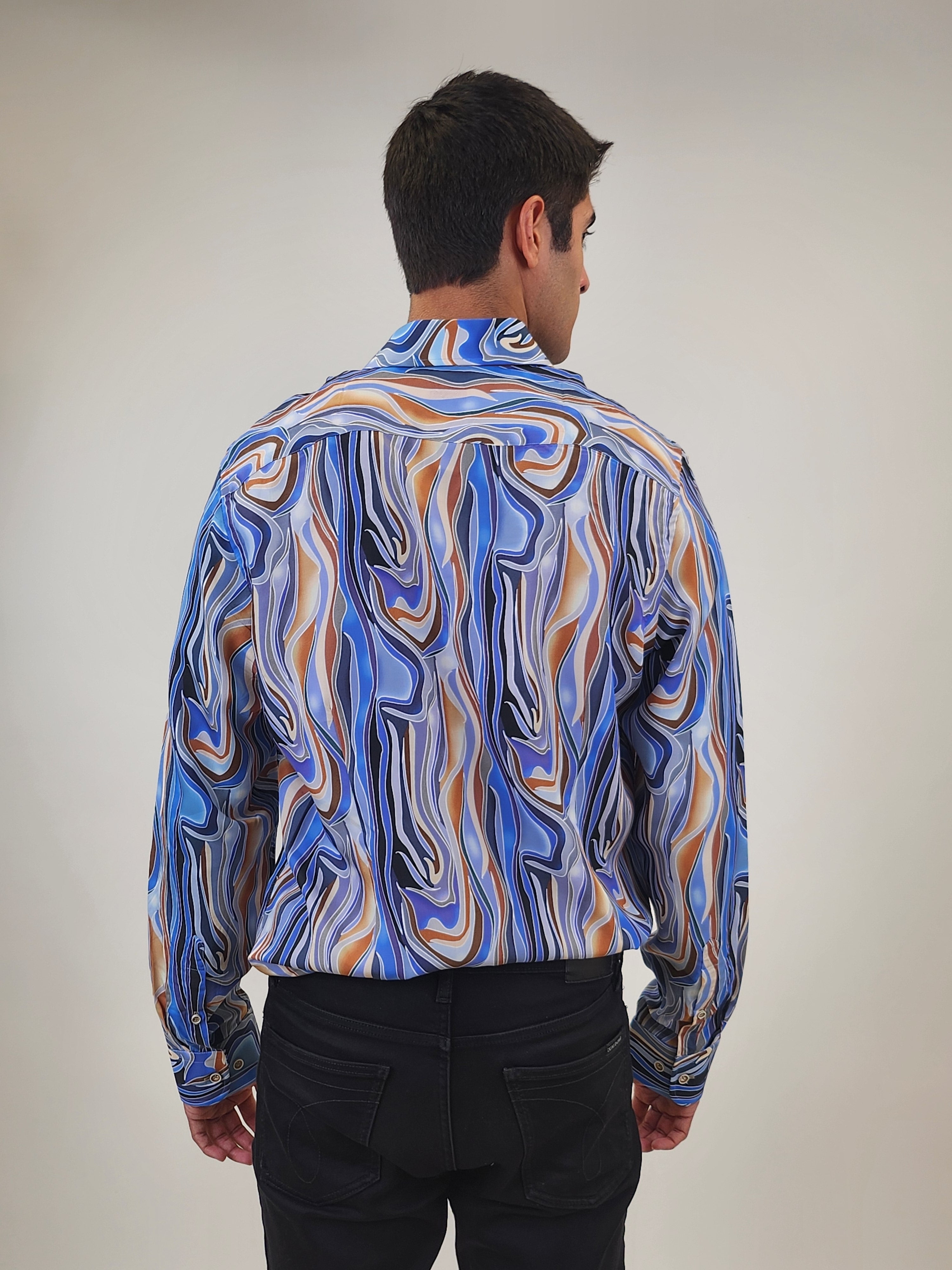 Brand Partner,R2 Amsterdam, R2 Amsterdam Blue Abstract Print Lyocell Shirt, Blue, Extra Large-48-Tag43