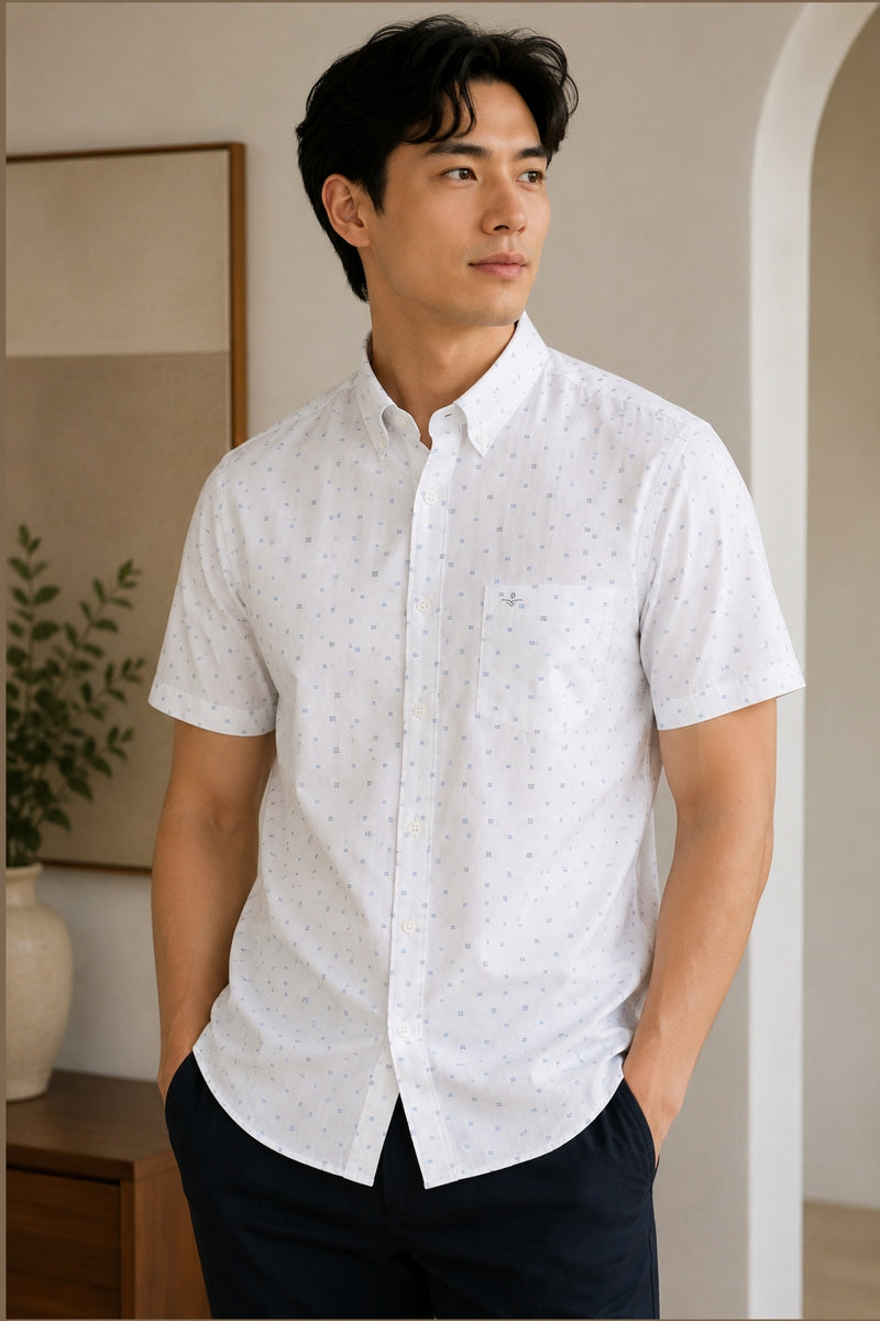 Wholesale,Jakamen, Jakamen White Dobby Weave Checkered Motif Shirt, White, Large-46-TagL