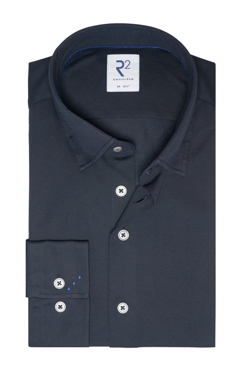 Direct From Brand,R2 Amsterdam, R2 Amsterdam Navy Knitted Pique Long Sleeve Dress Shirt, Blue, Large-44-Tag41