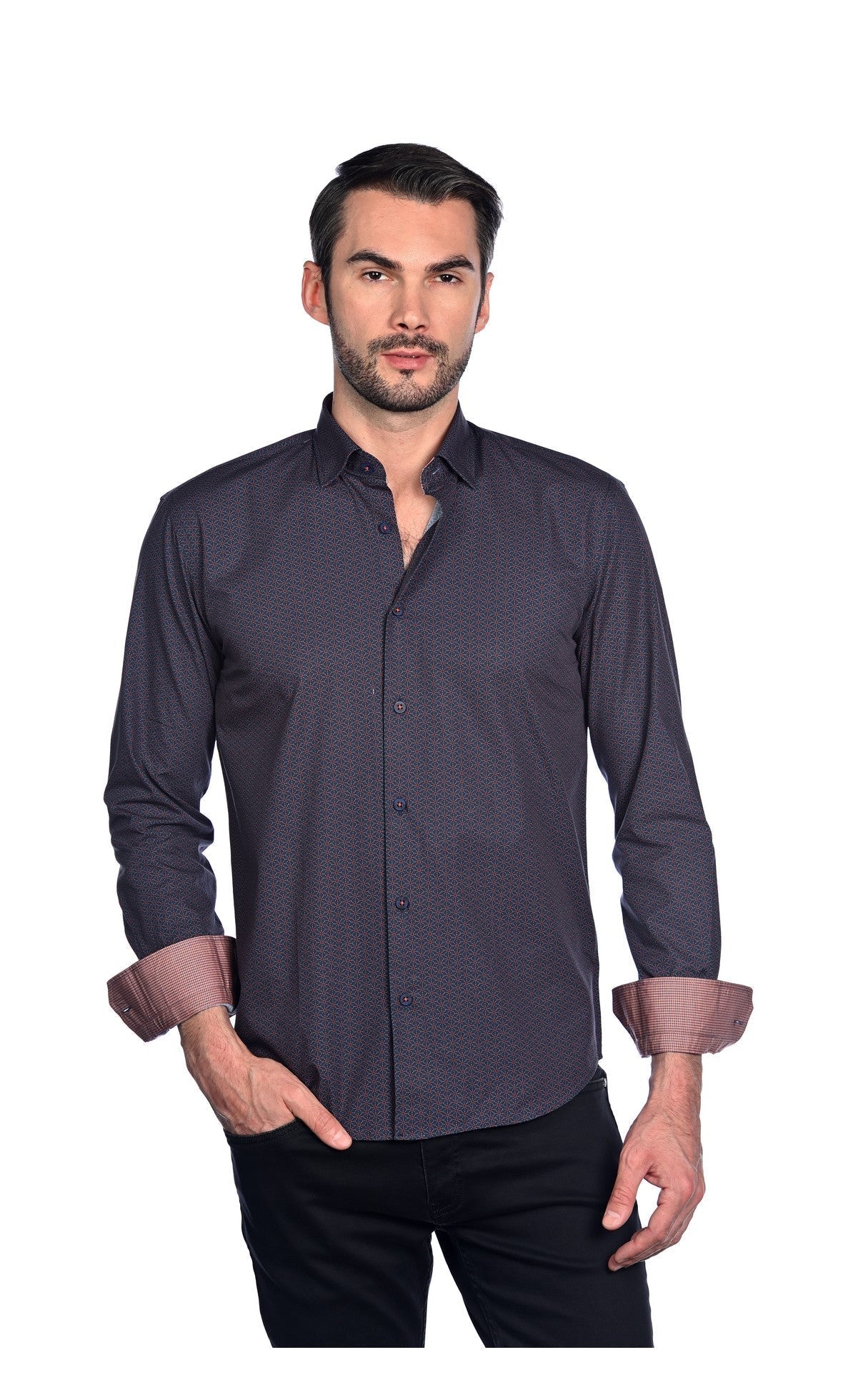 Wholesale,Mizumi, Mizumi Red Floral with Navy Dotted Line Long Sleeve Button Up, Red, Extra Extra Large-51-TagXXLExtra Large-48-TagXLLarge-46-TagLMedium-44-TagM