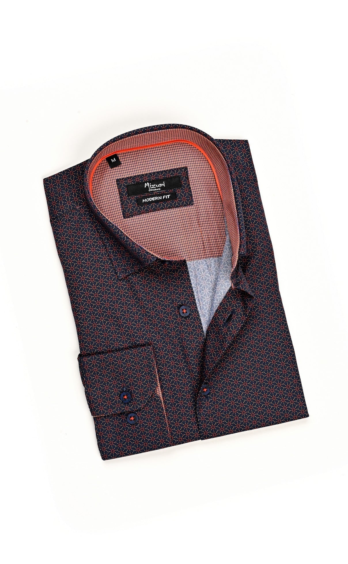 Wholesale,Mizumi, Mizumi Red Floral with Navy Dotted Line Long Sleeve Button Up, Red, Extra Extra Large-51-TagXXLExtra Large-48-TagXLLarge-46-TagLMedium-44-TagM