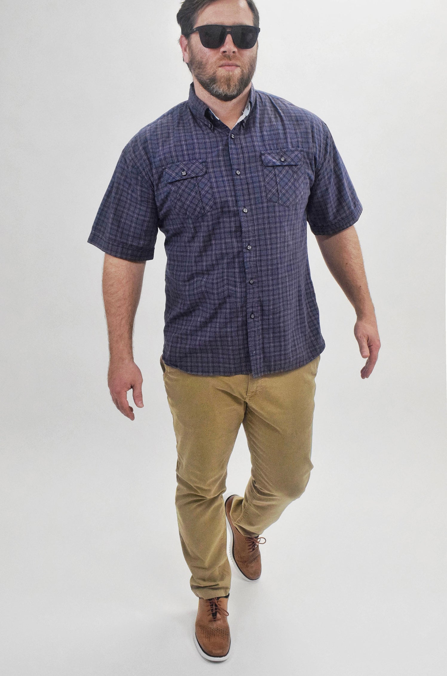 The RealReal,Diesel, Diesel Blue Plaid Double Flap Pocket Short Sleeve Button Down Shirt, Blue, Large-49-TagL