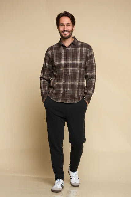 Wholesale,Fundamental Coast, Fundamental Coast Dark Brown Plaid Brushed Knit Flannel Shirt, Brown, Large-47-TagL