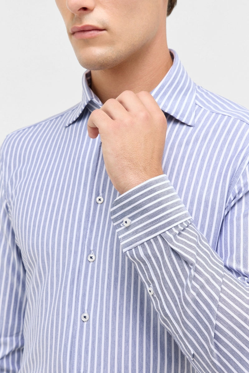 Wholesale,1863 by Eterna, 1863 by Eterna Blue Grey /White Japanese Knit Stripe Slim Fit Shirt, Blue, Small-40-Tag15