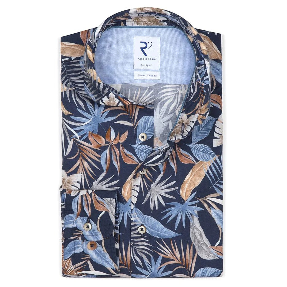 Brand Partner,R2 Amsterdam, R2 Amsterdam Navy Tropical Print Long Sleeve Button Up, Blue, Large-44-Tag41
