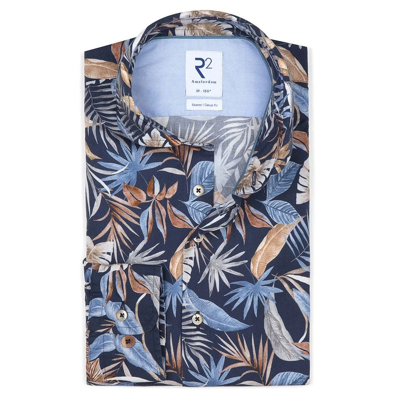 R2 Amsterdam Navy Tropical Print Long Sleeve Button Up