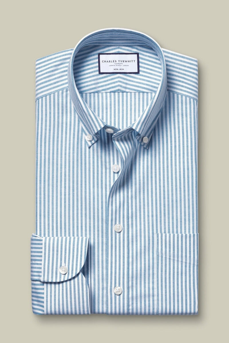 Wholesale,Charles Tyrwhitt, Charles Tyrwhitt Royal Blue Stretch Oxford Stripe Shirt, Blue, Small-40-Tag15Medium-44-Tag16