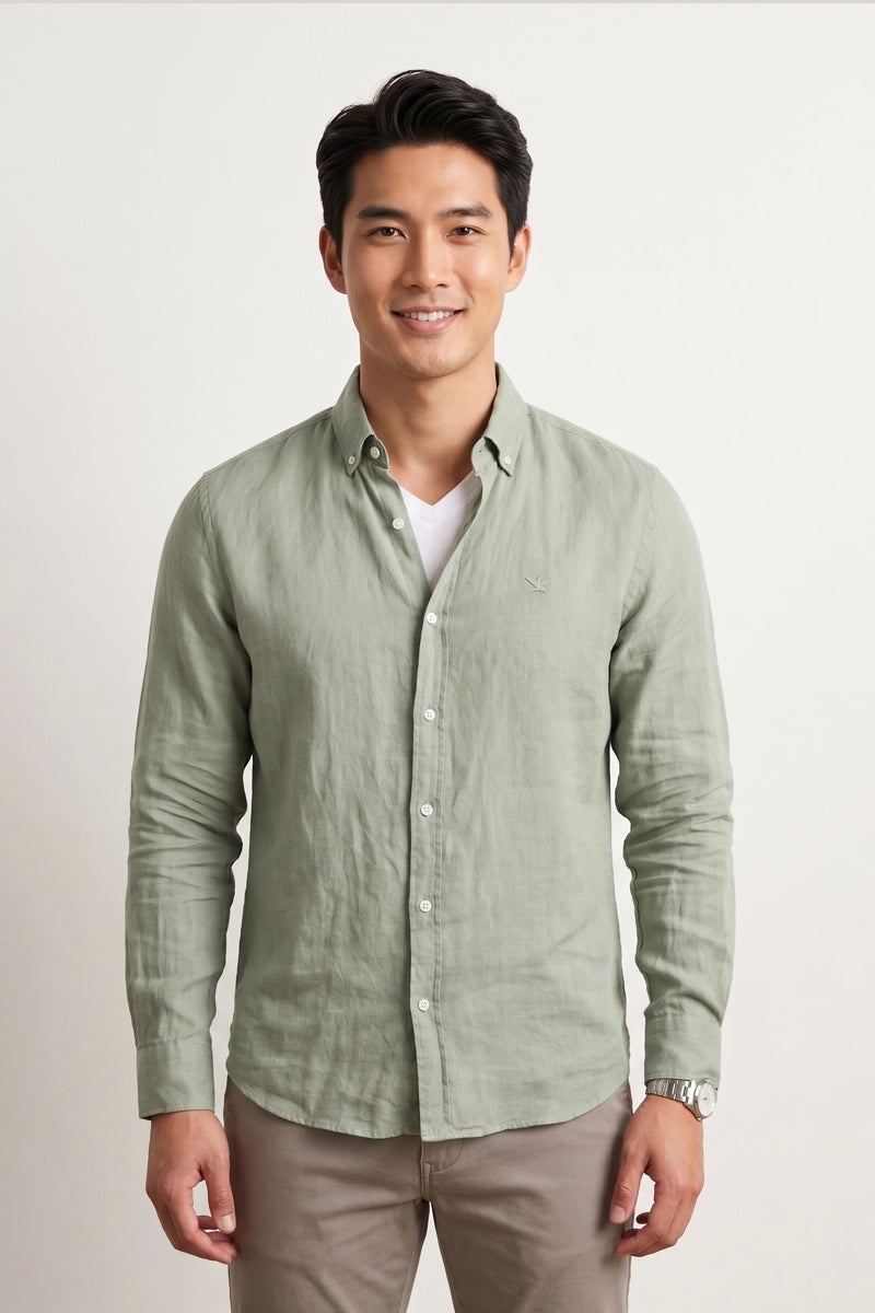 Wholesale,Jakamen, Jakamen Green Linen Slim Fit Long Sleeve Button Up Shirt, Green, Small-40-TagS