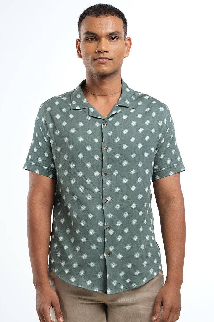 Faire,Pali, Pali Green Geo Cuban Collar Bandhani Shirt, Green, Medium-42-TagLSmall-40-TagMExtra Small-38-TagS