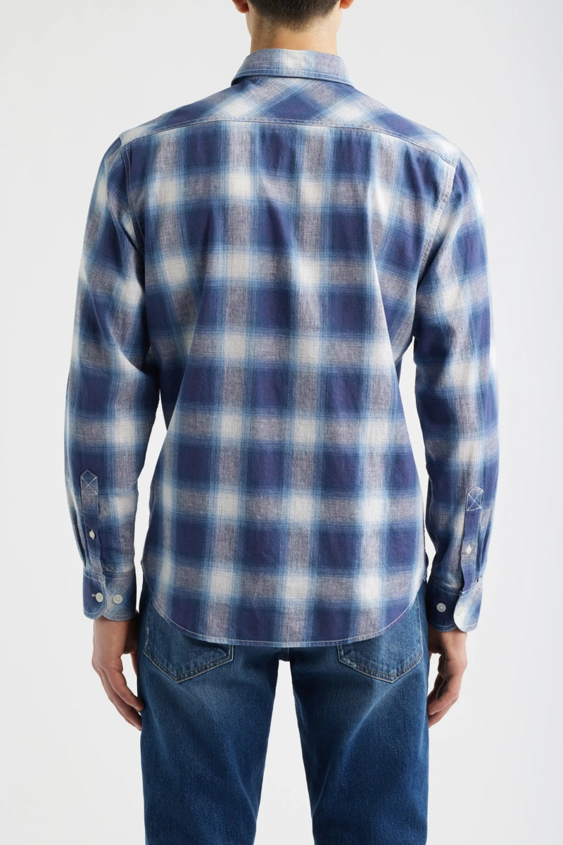 Wholesale,James Campbell, James Campbell Blue/White Plaid Cotton/Linen Blend Shirt, Blue, Large-46-TagL