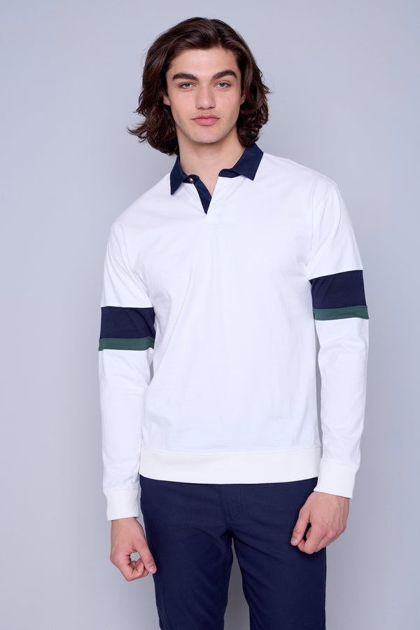 HEDGE White Knit Polo with Navy Contrast
