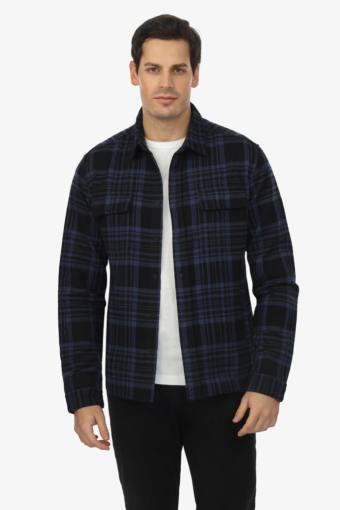 Wholesale,Vustra, Vustra Navy/Black Plaid Organic Cotton Textured Shacket, Blue, Large-47-TagLSmall-41-TagMSmall-41-TagSMedium-40-TagMMedium-45-TagMSmall-40-TagMMedium-44-TagXLExtra Large-49-TagXL