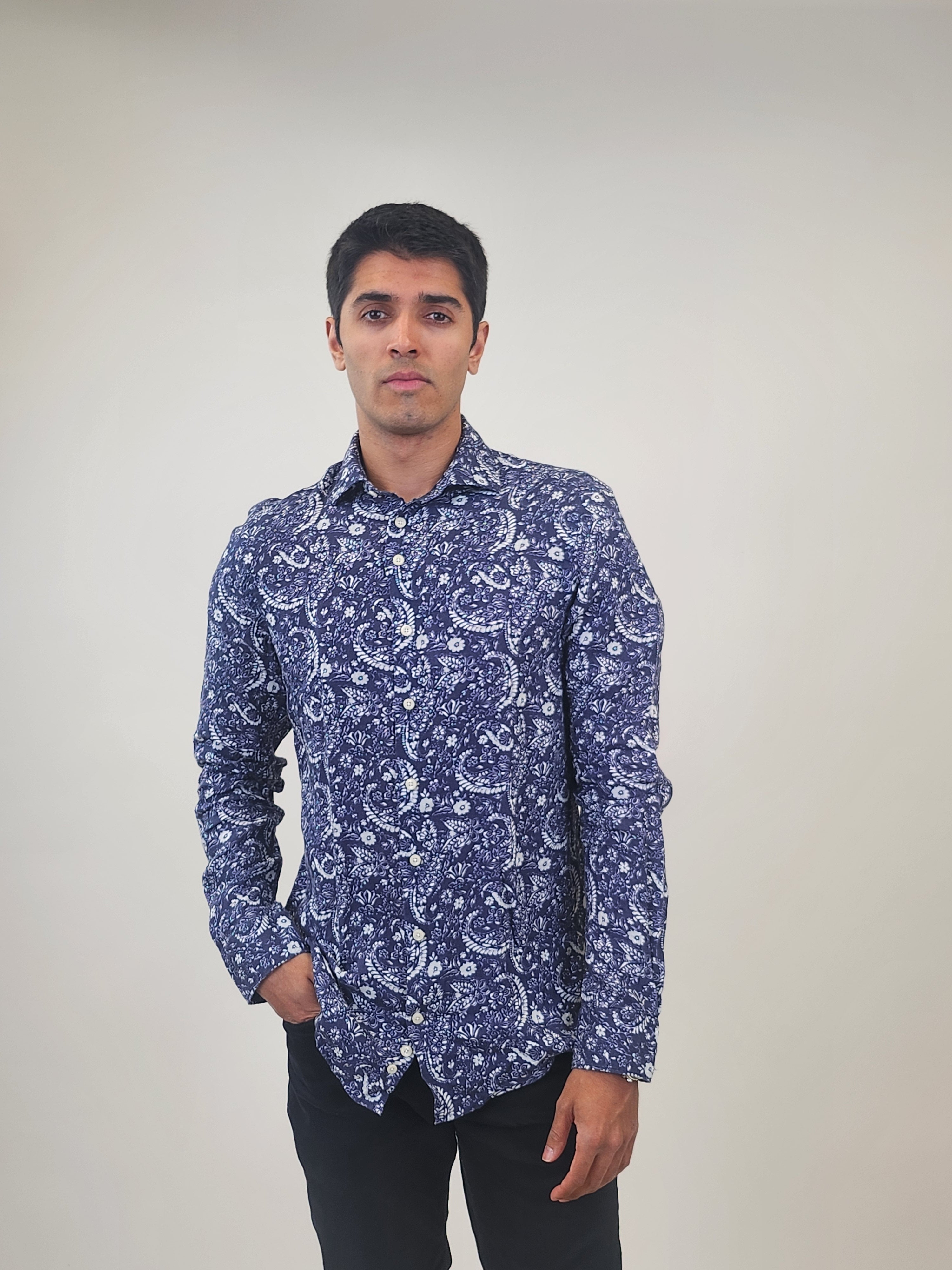 Brand Partner,R2 Amsterdam, R2 Amsterdam Navy Paisley Print Long Sleeve Linen Shirt, Blue, Large-46-TagL