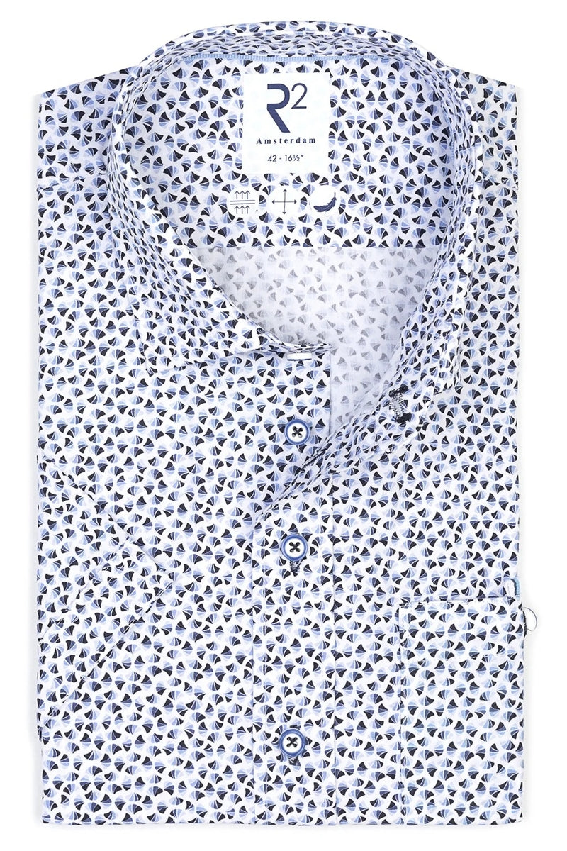 Direct From Brand,R2 Amsterdam, R2 Amsterdam Blue/White Sailboat Print Polpin Shirt, Blue, Large-46-Tag42Extra Large-48-Tag43Extra Extra Large-50-Tag44Medium-44-Tag41