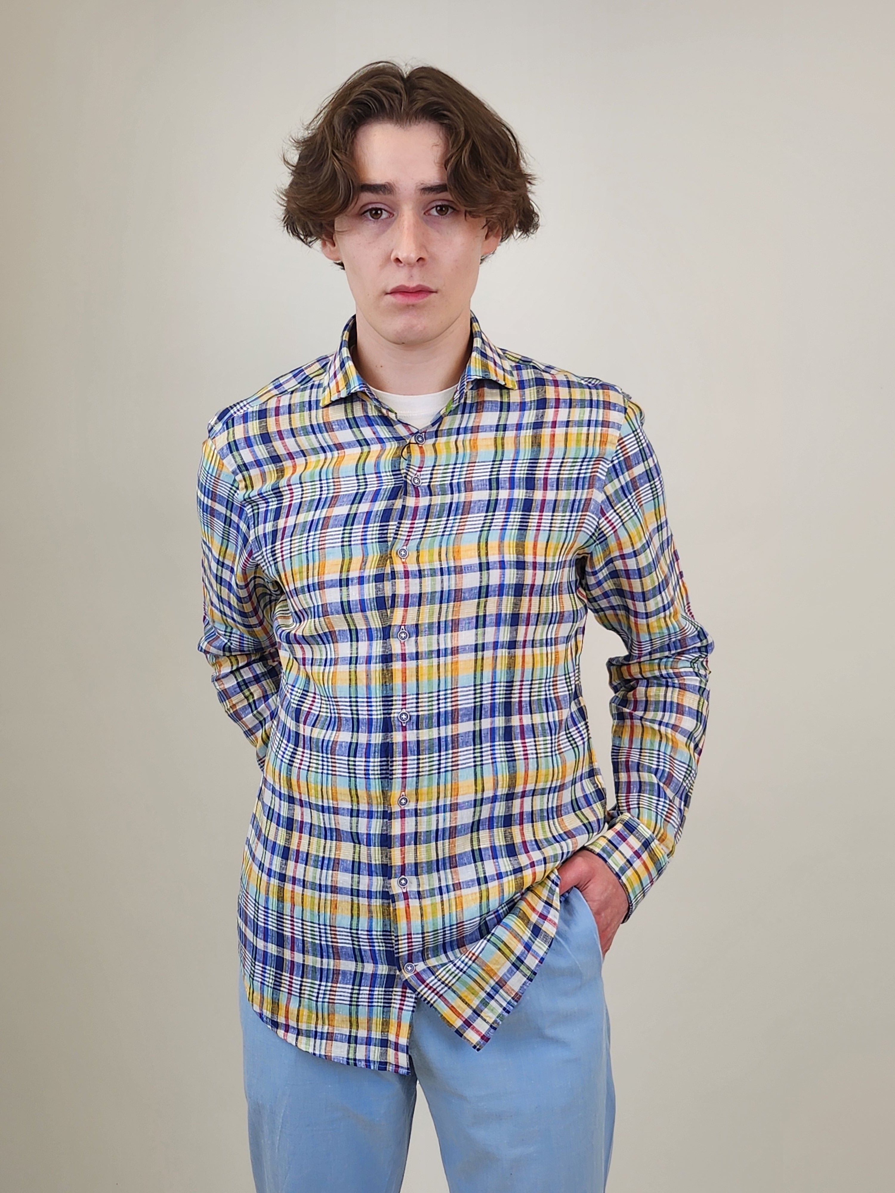 Brand Partner,R2 Amsterdam, R2 Amsterdam Multi Color Plaid Linen Long Sleeve Button Up Shirt, Blue, Small-41-Tag39