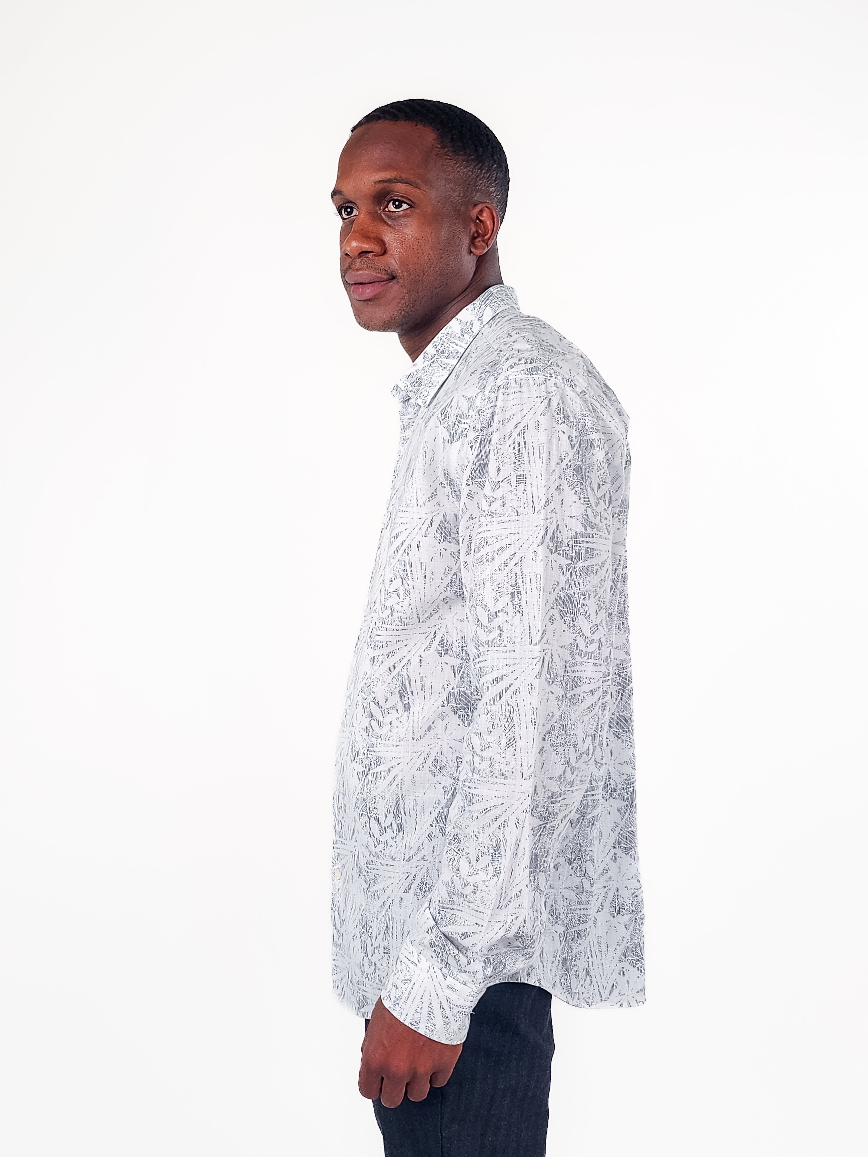 Wholesale,Suit Sartoria, Suit Sartoria White And Grey Abstract Floral Print Slim Fit Long Sleeve Button Up Shirt, White, Large-46-TagXL
