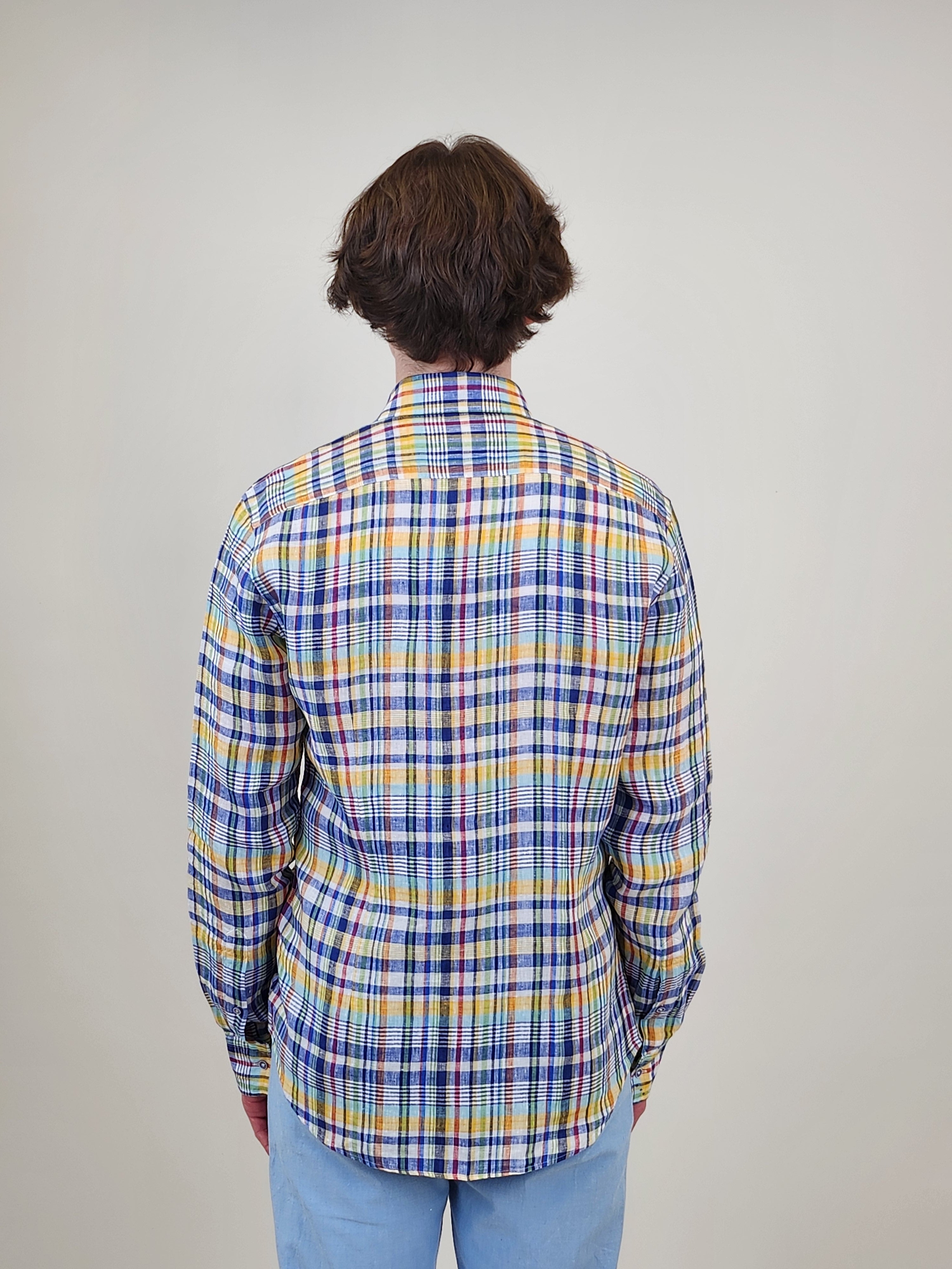 Brand Partner,R2 Amsterdam, R2 Amsterdam Multi Color Plaid Linen Long Sleeve Button Up Shirt, Blue, Small-41-Tag39