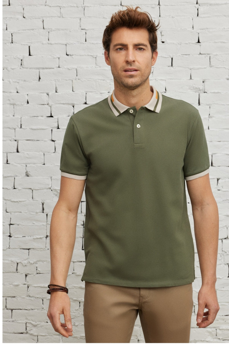 Wholesale,Altinyildiz Classics, Altinyildiz Classics Khaki with Tan Contrast Knit Polo, Green, Large-44-TagLExtra Large-46-TagXL