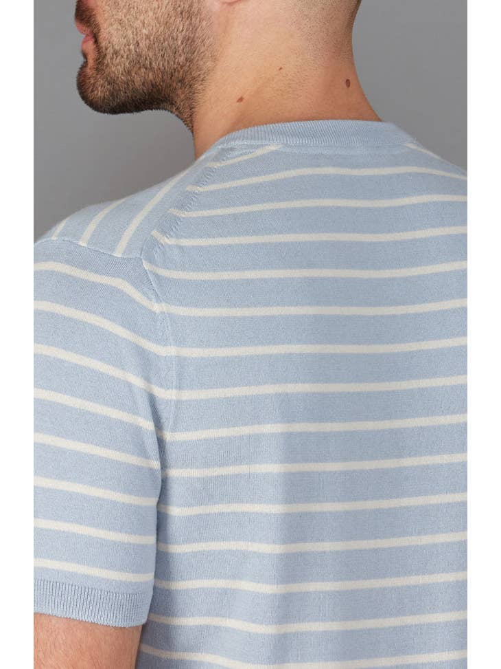 Faire,Paul James, Paul James Light Blue Knit Cotton Wider Stripe T-Shirt, Blue, Large-43-TagL