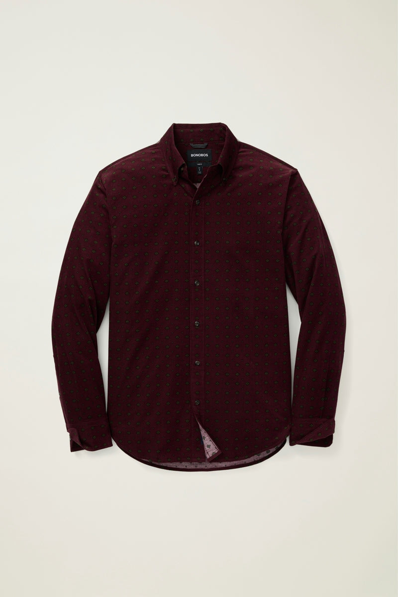 Wholesale,Bonobos, Bonobos Burgundy Diamond Geo Stretch Corduroy Slim Fit Shirt, Red, Small-40-TagSMedium-43-TagMLarge-46-TagLExtra Large-49-TagXLExtra Extra Large-52-TagXXL