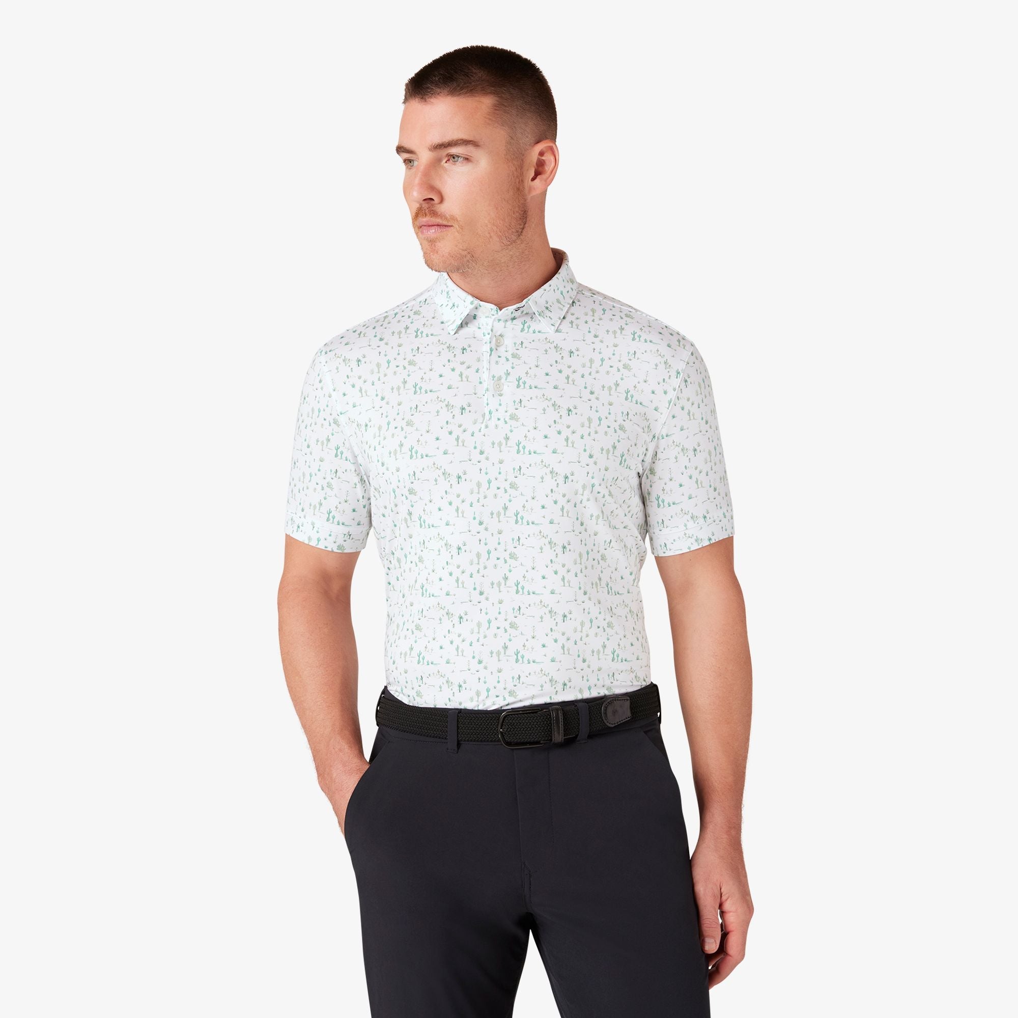 Wholesale,Mizzen + Main, Mizzen + Main White Cacti Print Antimicrobial Tech Trim Fit Polo, White, Small-41-TagSExtra Extra Large-51-TagXXLLarge-45-TagLMedium-42-TagMExtra Large-48-TagXL