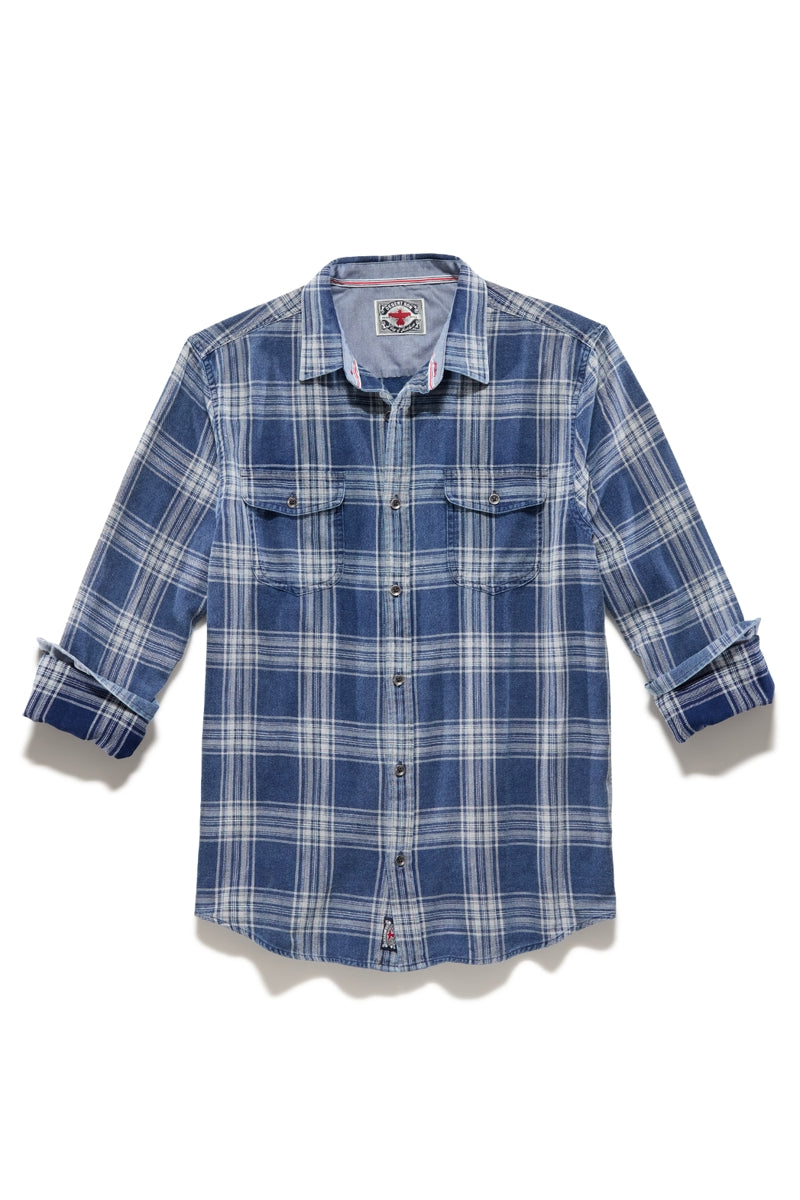 Wholesale,Flag & Anthem, Flag & Anthem Navy/Grey Plaid Vintage Washed Shirt, Blue, Small-40-TagSMedium-42-TagMLarge-46-TagLExtra Large-50-TagXLExtra Extra Large-54-TagXXL