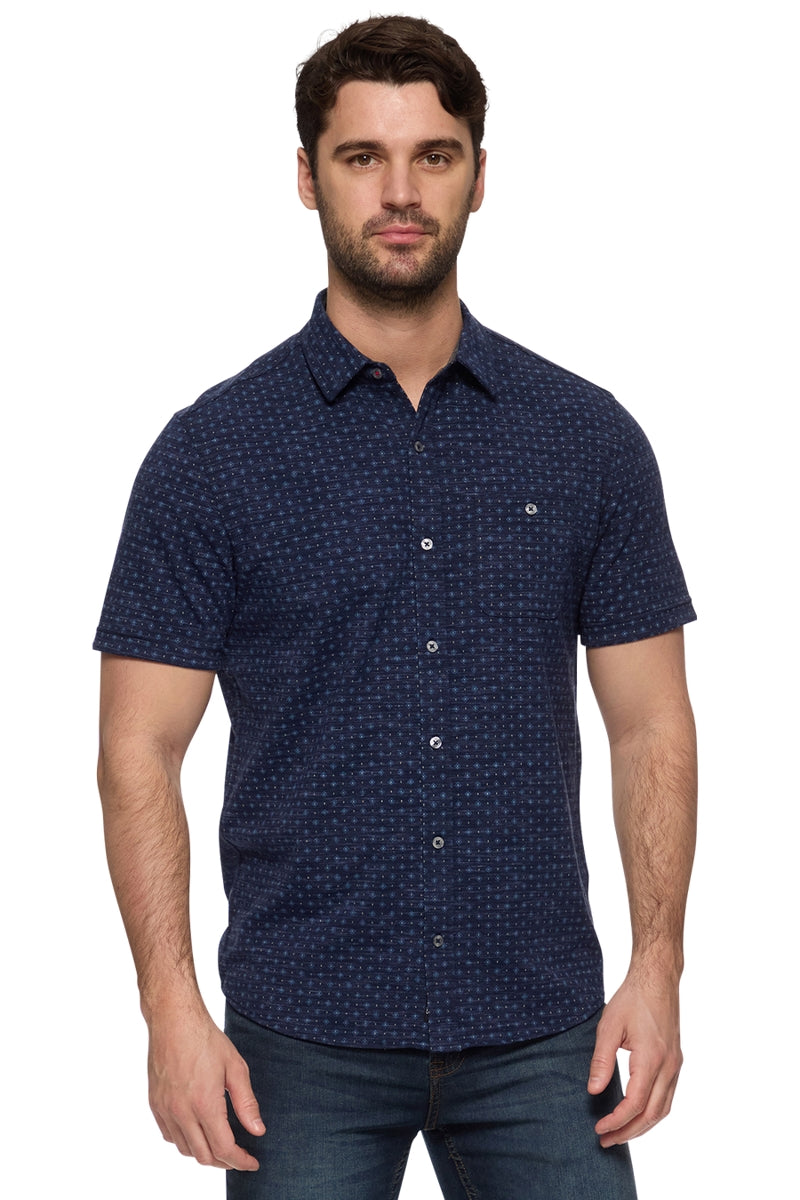 Wholesale,Flag & Anthem, Flag & Anthem Navy Heather Geo Print Knit Performance Shirt, Blue, Small-41-TagSMedium-43-TagMLarge-46-TagLExtra Large-50-TagXLExtra Extra Large-53-TagXXL