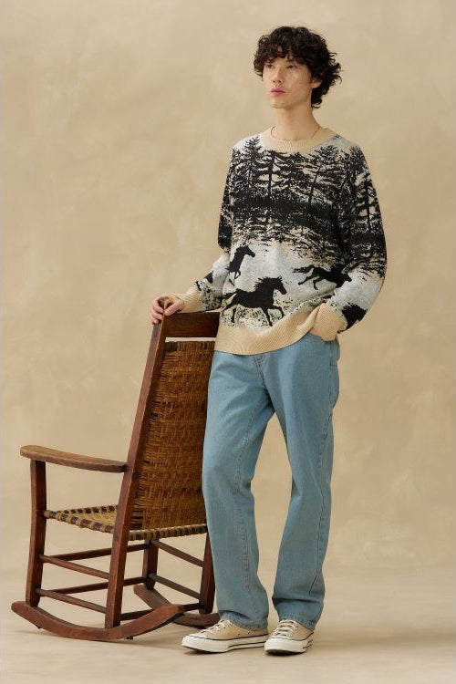 Wholesale,Kuwalla, Kuwalla Black/Tan Wild Stallion Printed Jacquard Knit Sweater, Black, Large-48-TagL