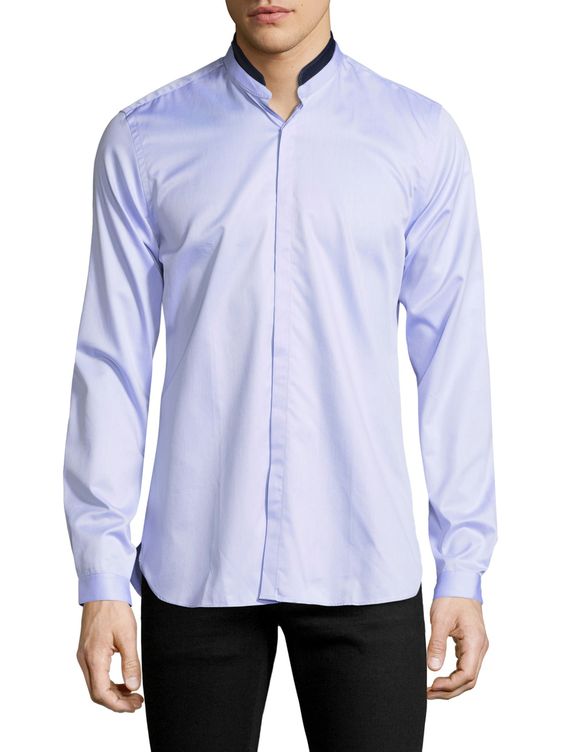The RealReal,The Kooples, The Kooples Blue Pinstriped Leather Detail Mandarin Collar Button Up Shirt, Blue, Small-40-TagM
