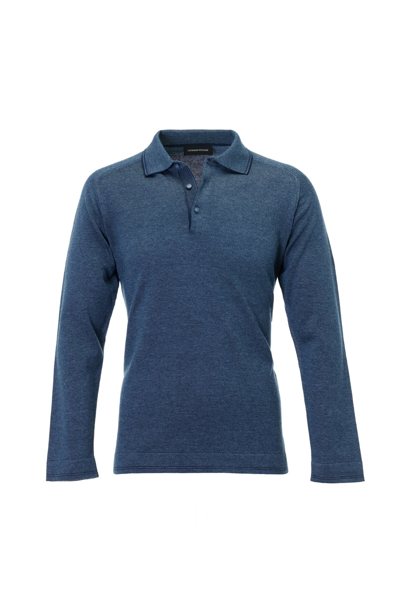 Wholesale,Luchiano Visconti, Luchiano Visconti Indigo Dual-Tone Sartorial Melange Knit Polo, Blue, Small-41-TagSMedium-43-TagMLarge-45-TagLExtra Large-47-TagXL