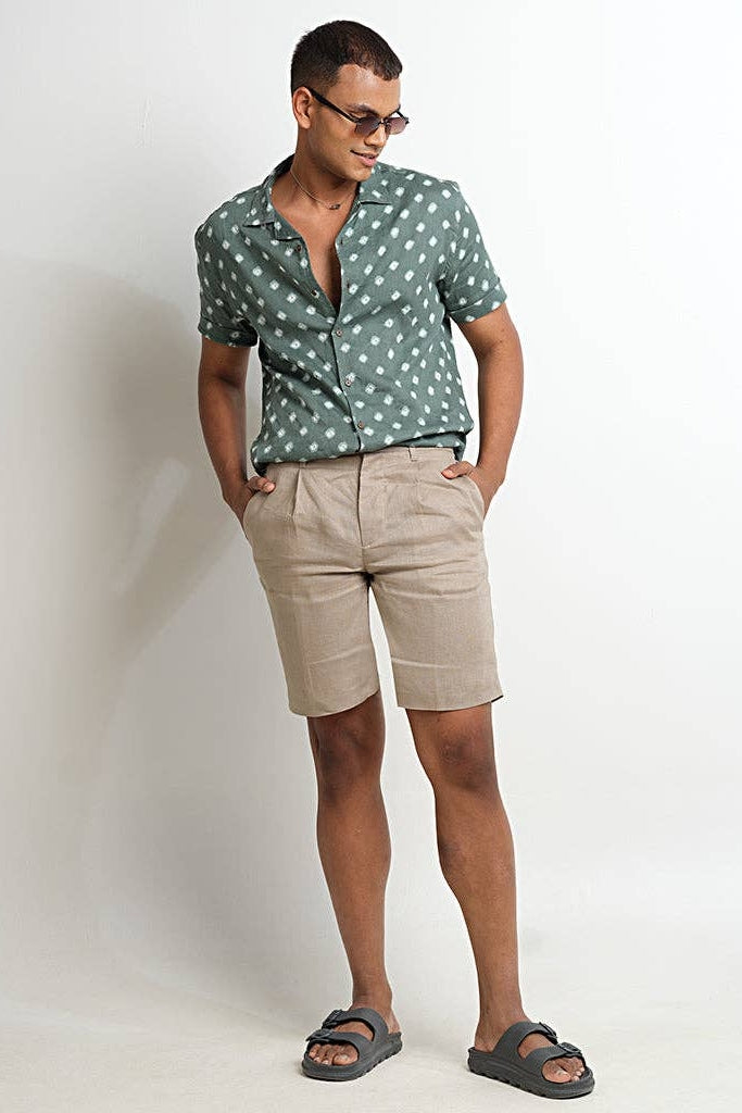 Faire,Pali, Pali Green Geo Cuban Collar Bandhani Shirt, Green, Medium-42-TagLSmall-40-TagMExtra Small-38-TagS