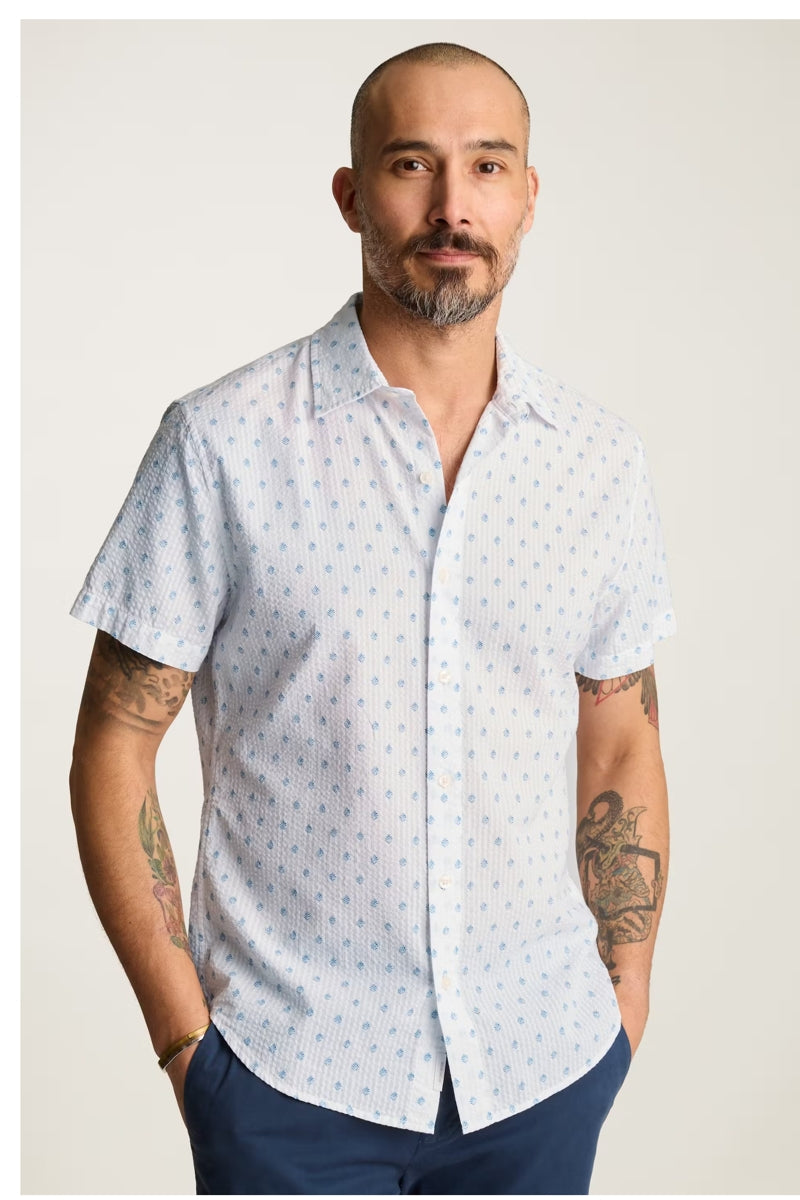 Wholesale,Bonobos, Bonobos White with Blue Lundi Leaves Print Seersucker Shirt, White, Medium-42-TagM