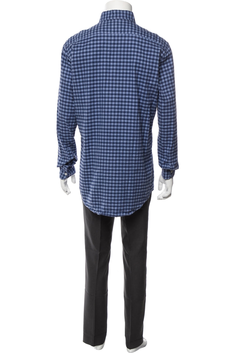 RealReal,Bergdorf Goodman, Bergdorf Goodman Navy Plaid Print Dress Shirt, Blue, Medium-42-TagM