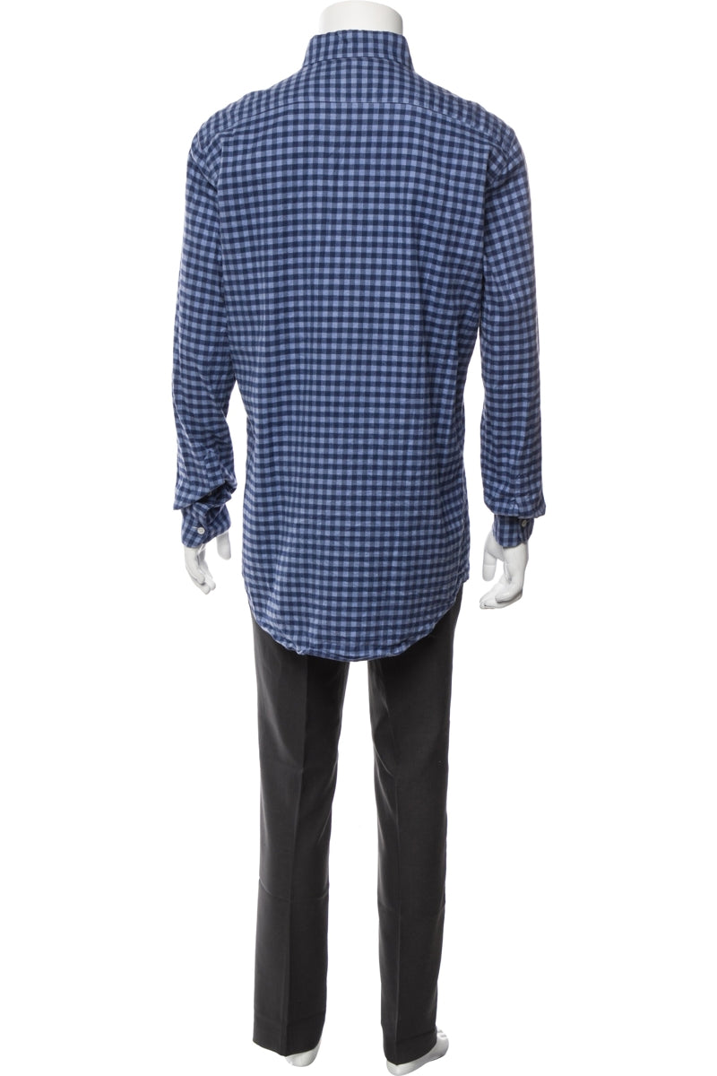 Bergdorf Goodman Navy Plaid Print Dress Shirt