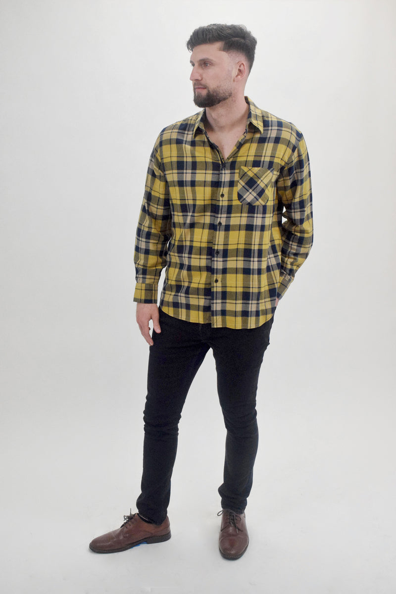 Rag & Bone Yellow And Navy Plaid Flannel Button Up Shirt With Front Chest Pocket