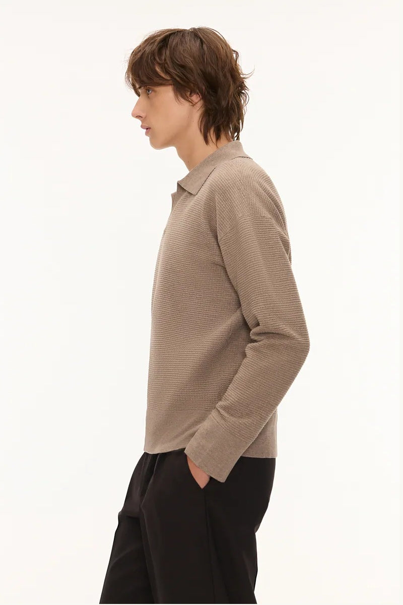 Direct From Brand,FYNE, FYNE Tan Waffle Knit V-neck Sweater Polo, Tan, Medium-45-TagM