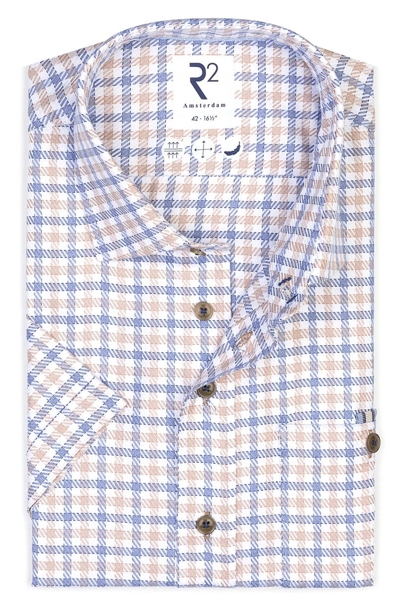Direct From Brand,R2 Amsterdam, R2 Amsterdam Blue/Beige Checkered Heavy Twill Shirt, Blue, Extra Large-48-Tag43